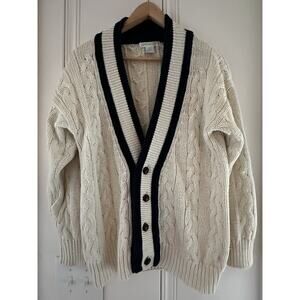 Jamie Scott Ramie Cotton Cable Knit Cardigan Womens S Ivory Navy Grandpa Preppy